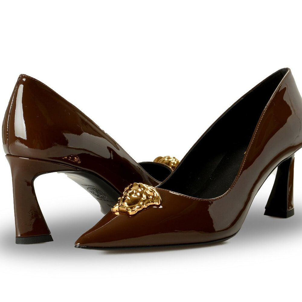 Versace Women's Gold Medusa Chocolate Patent Leather Pump Shoes US 10 IT 40 - Picture 8 of 8